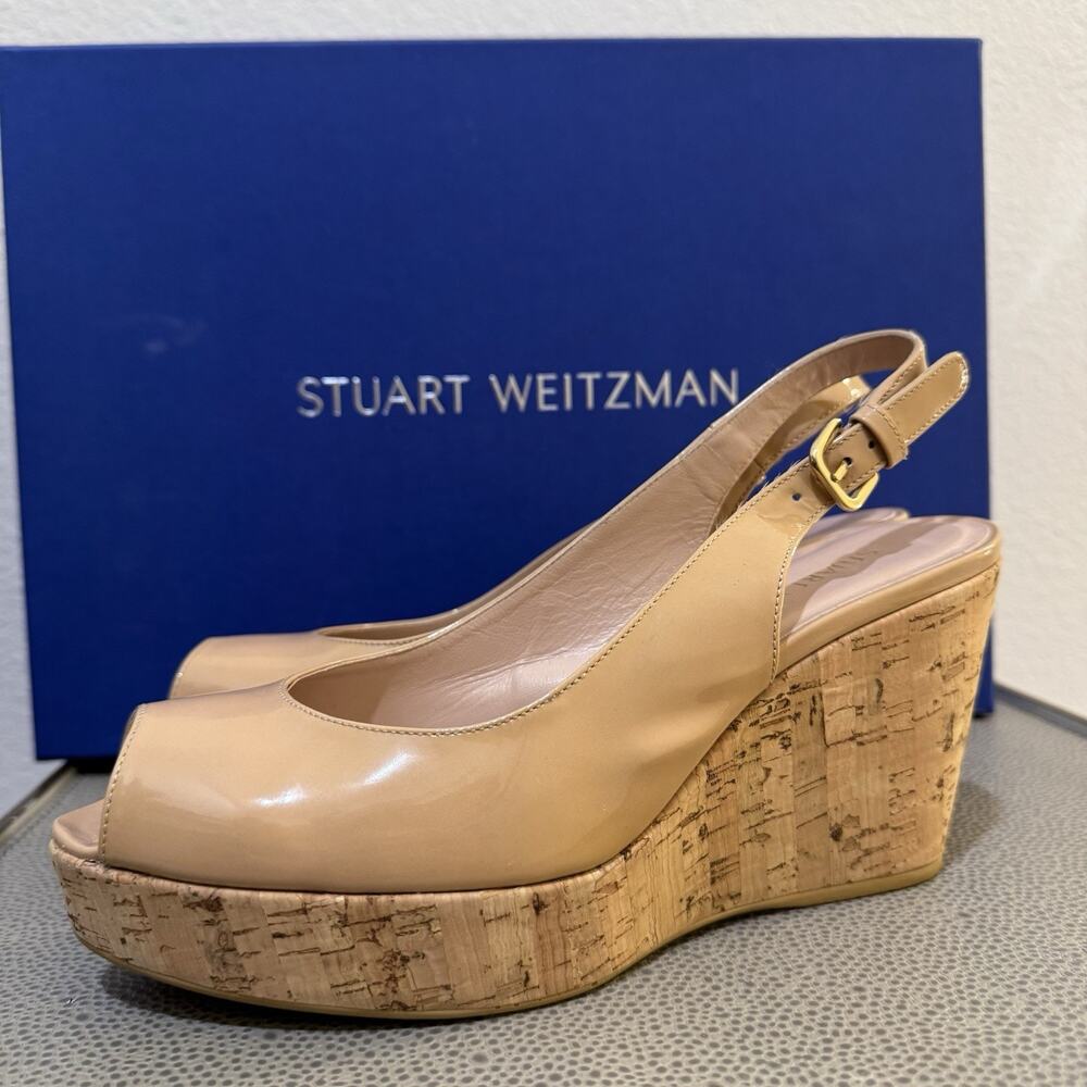 STUART WEITZMAN AUTH $399 Women Beige Patent Leather Jean Wedge Sandals Size 9 M - Picture 9 of 16